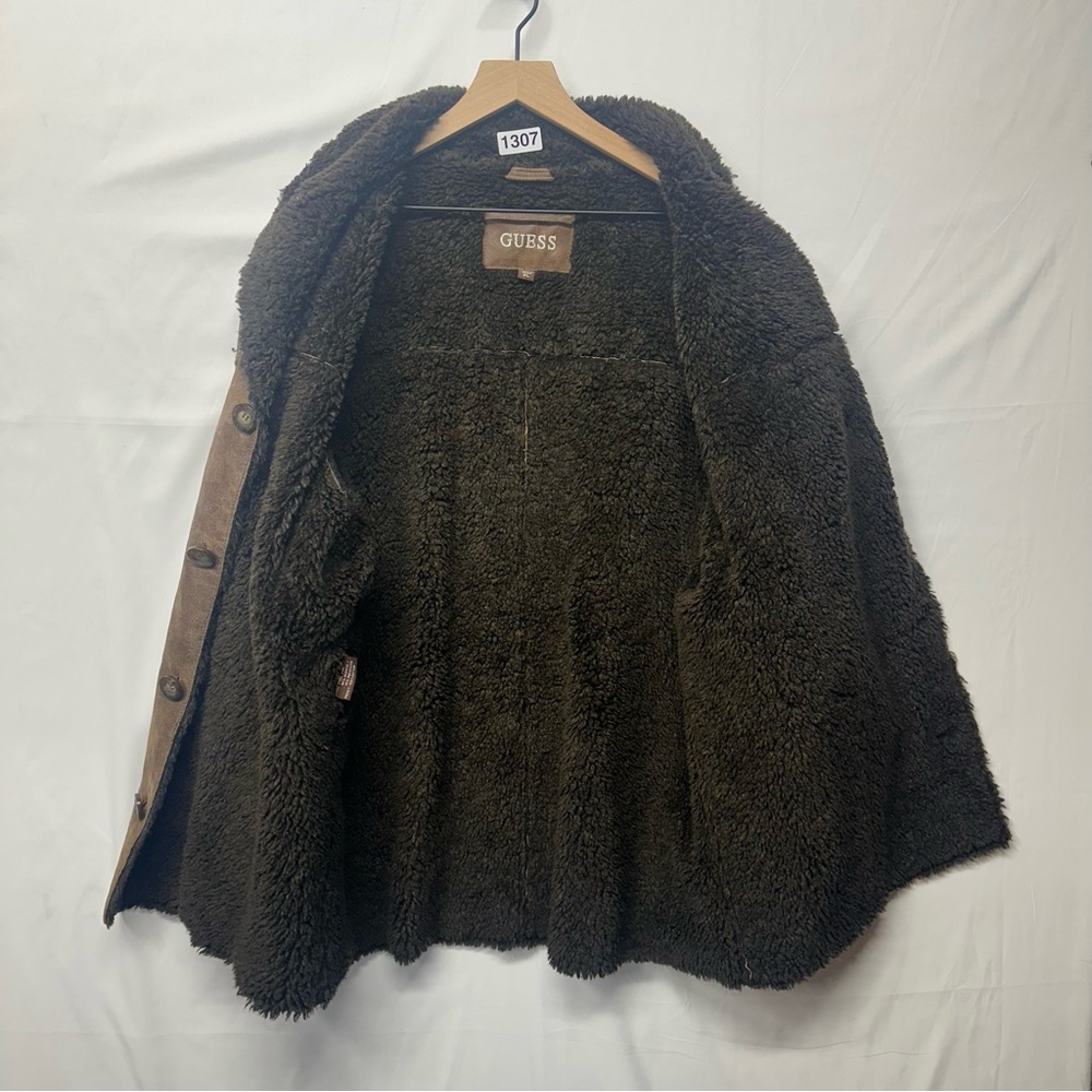GUESS Genuine Leather Shearling Jacket Brown Sherpa Lined Coat Men’s XL - Picture 6 of 7